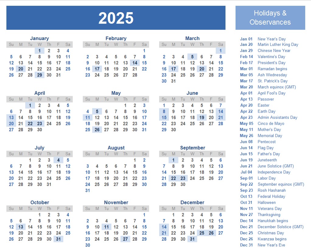2025 Calendar With Holidays
