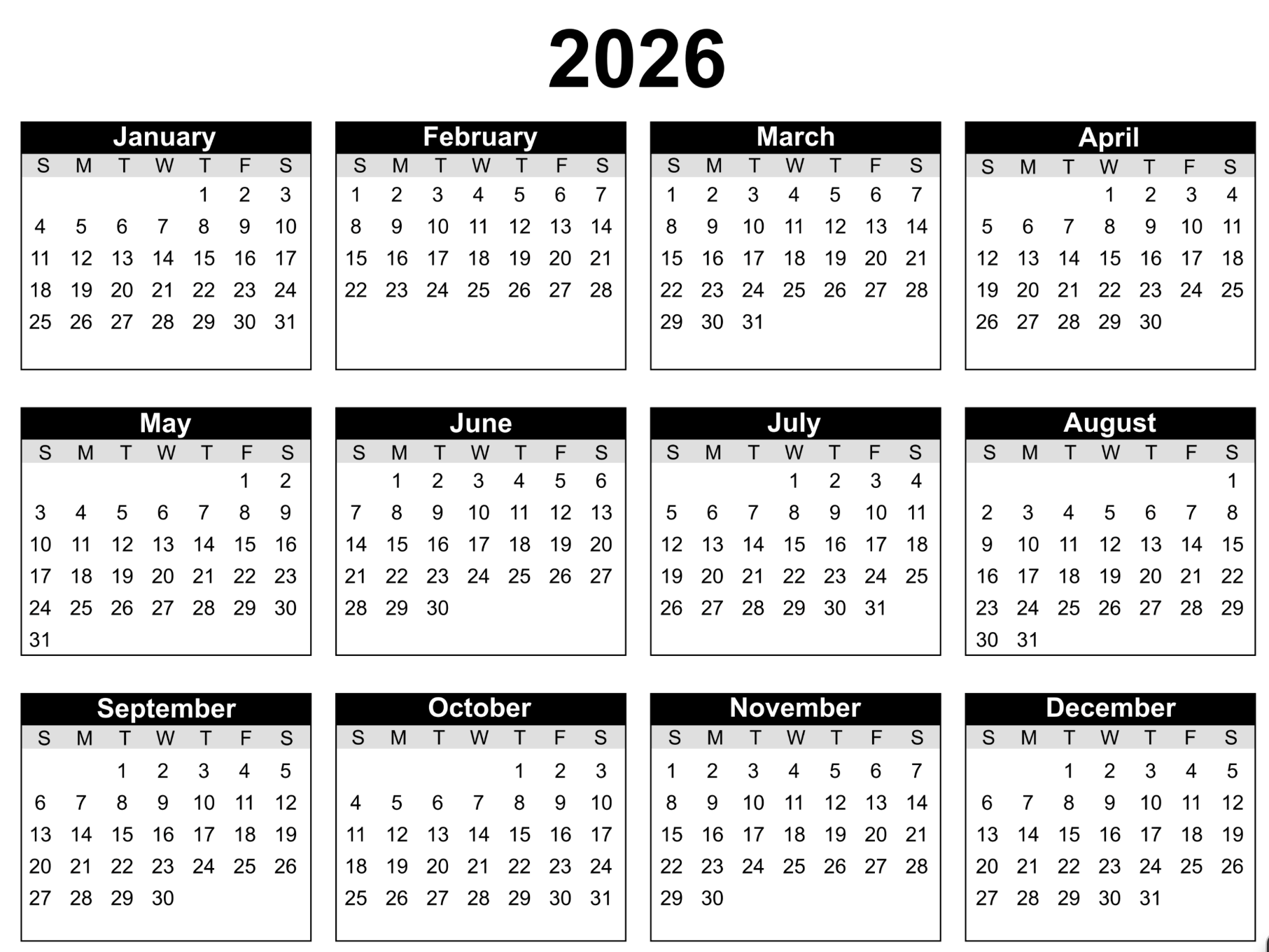2026 Printable Calendar